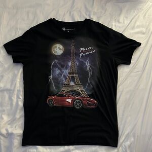 Aeropostale Black Tee with Eiffel Tower and Car Design